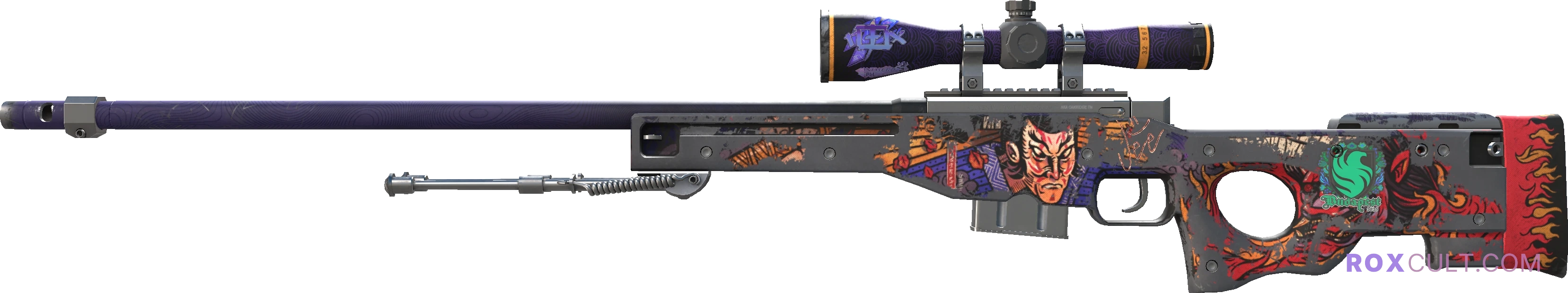 AWP | Oni Taiji (Battle-Scarred) — rox (Holo) Antwerp 2022 craft, playside view with 1 rox (Holo) sticker