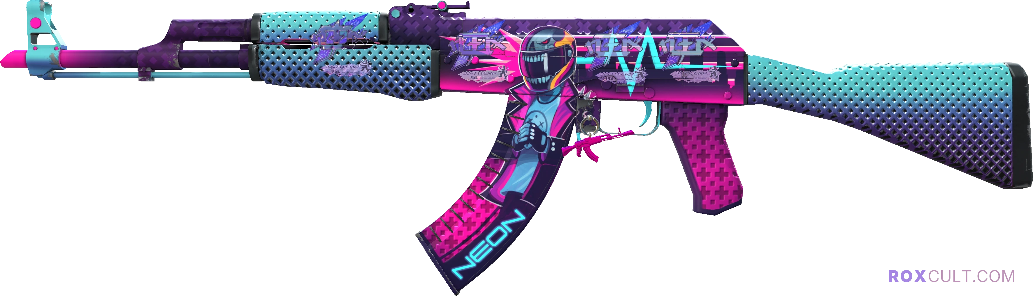AK-47 | Neon Rider (Factory New) — rox (Holo) Antwerp 2022 craft, playside view with 4 rox (Holo) stickers