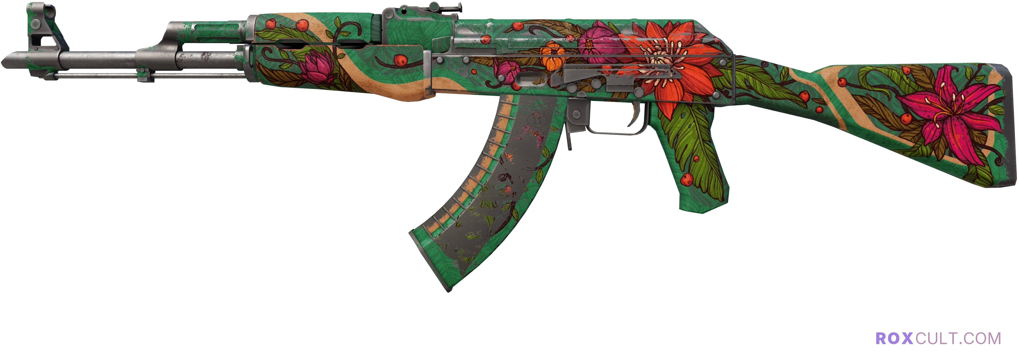 AK-47 | Wild Lotus (Battle-Scarred) — rox (Holo) Antwerp 2022 craft, playside view with 4 rox (Holo) stickers