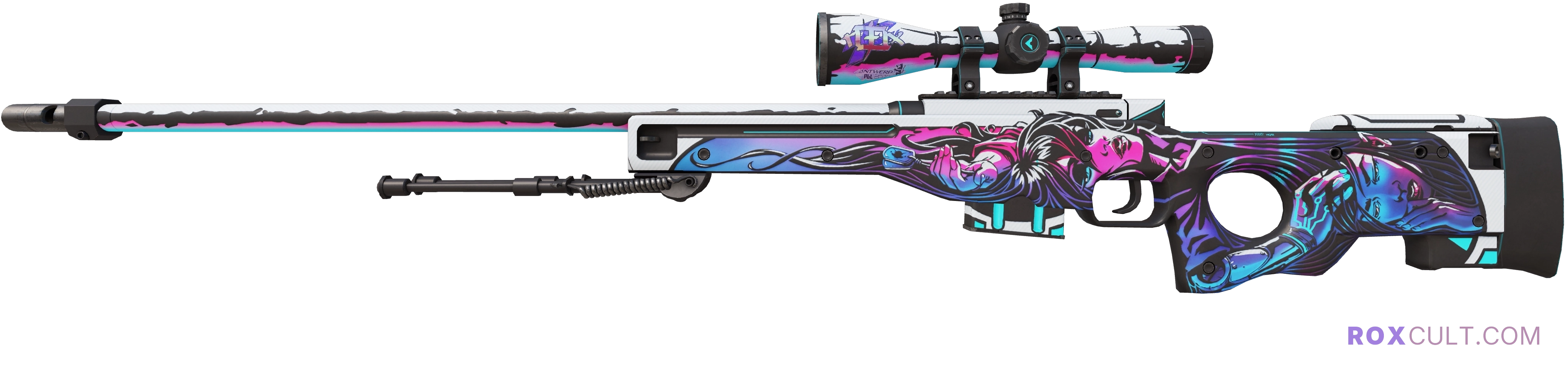 AWP | Neo-Noir (Factory New) — rox (Holo) Antwerp 2022 craft, playside view with 1 rox (Holo) sticker