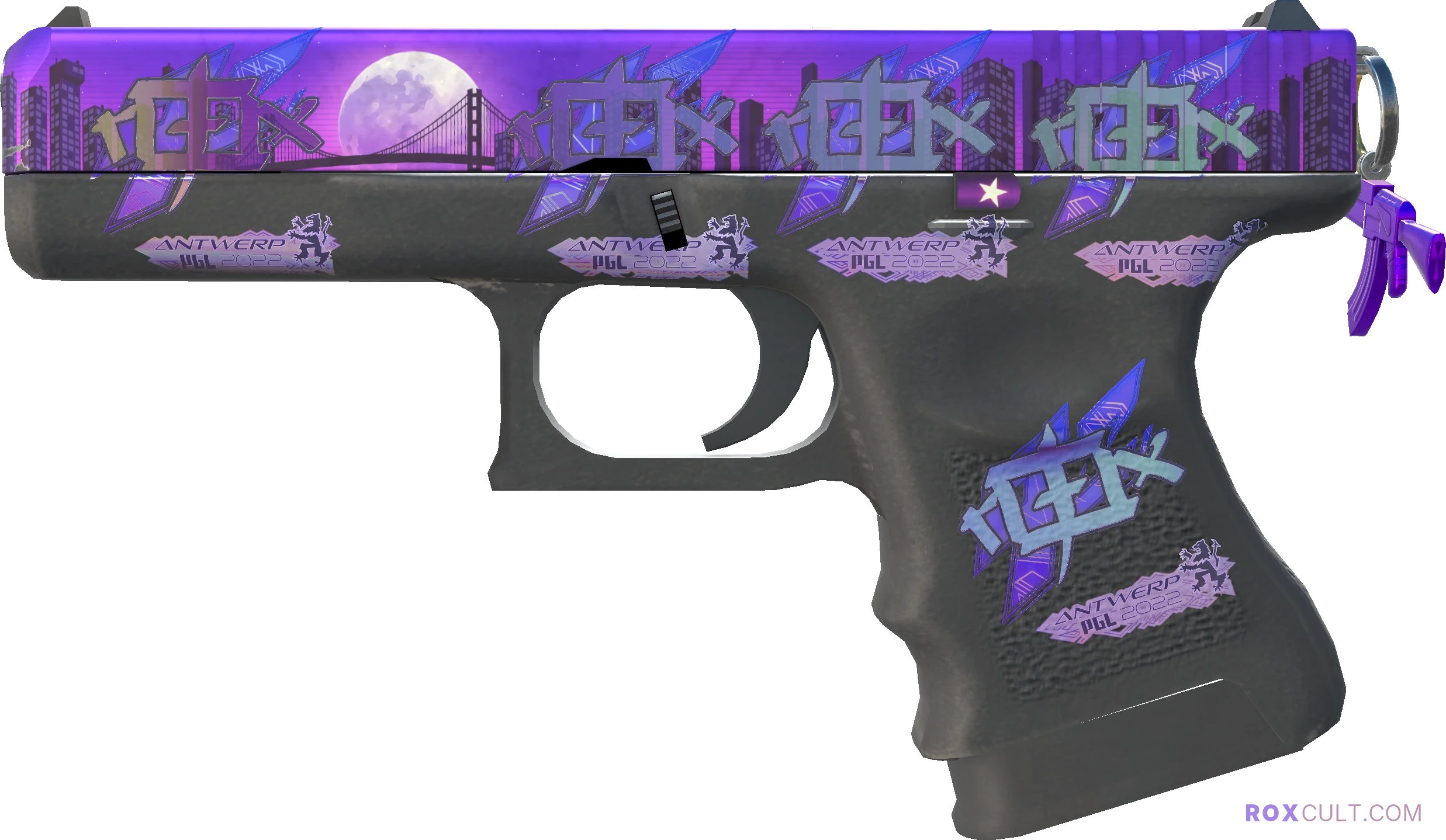 Glock-18 | Moonrise (Factory New) — rox (Holo) Antwerp 2022 craft, playside view with 5 rox (Holo) stickers