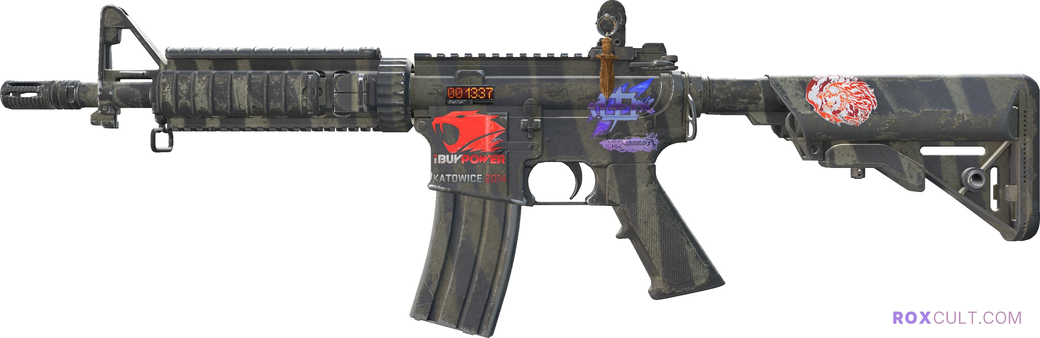 StatTrak™ M4A4 | Faded Zebra (Field-Tested) — rox (Holo) Antwerp 2022 craft, playside view with 1 rox (Holo) sticker