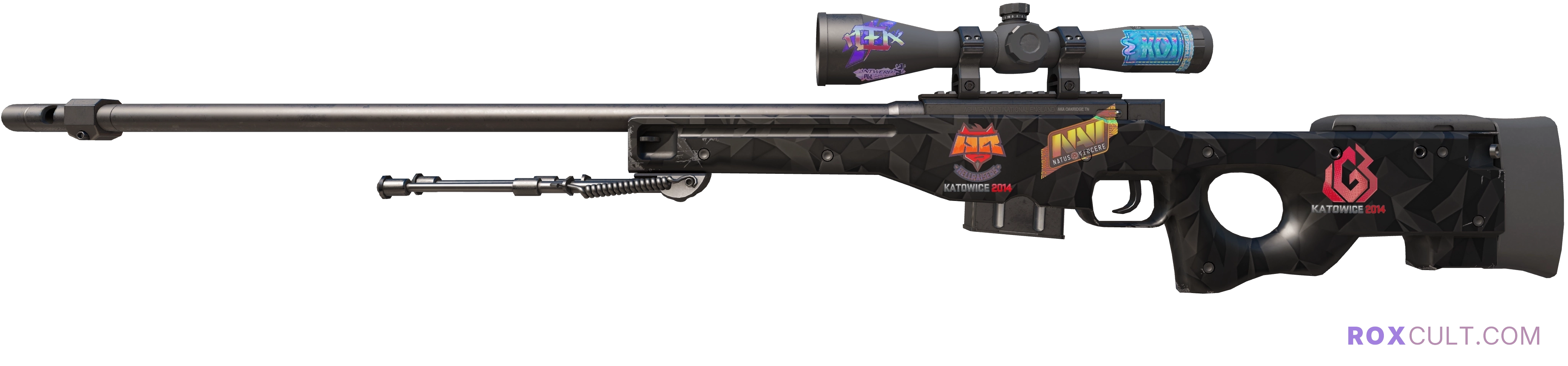 AWP | Graphite (Factory New) — rox (Holo) Antwerp 2022 craft, playside view with 1 rox (Holo) sticker
