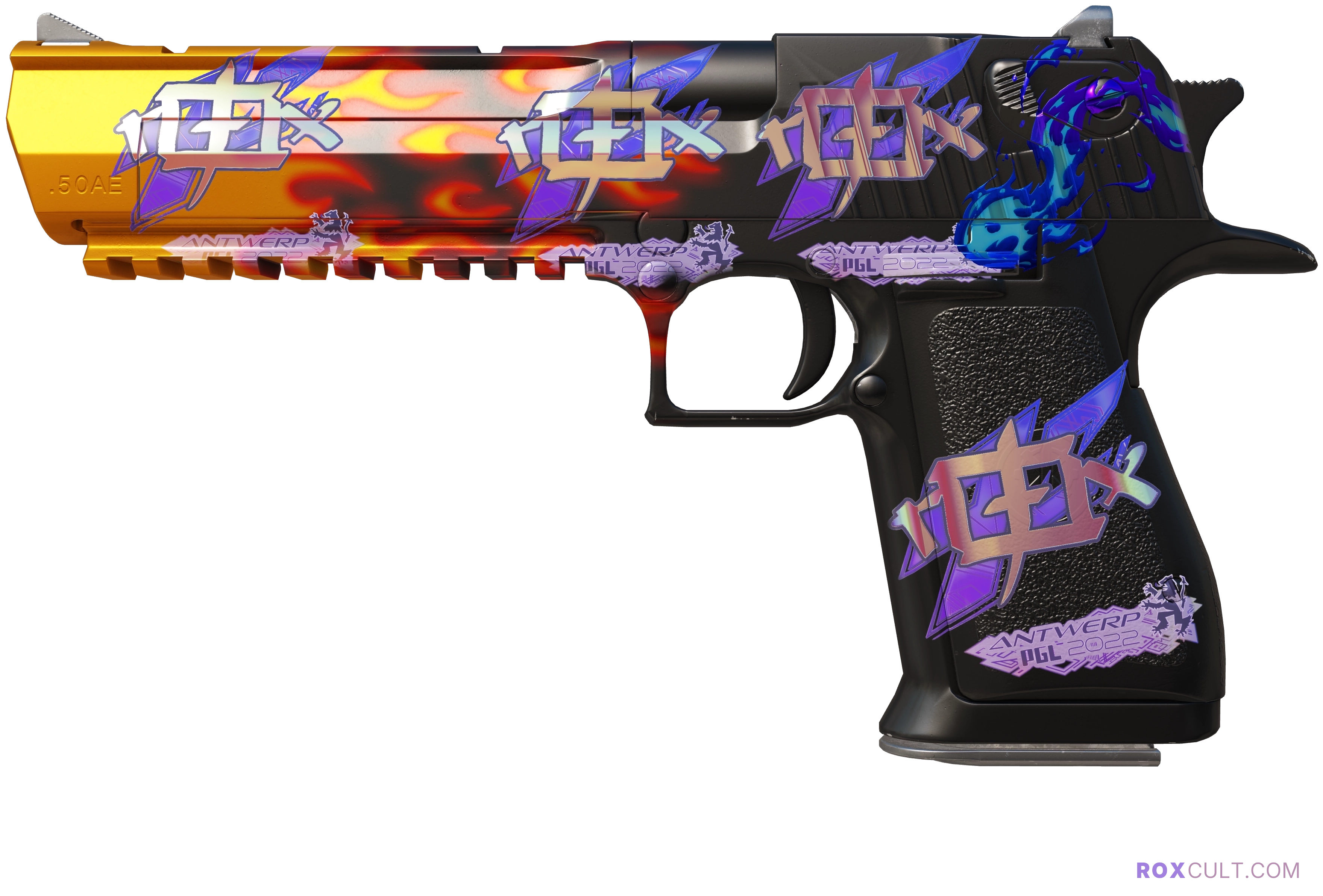 Desert Eagle | Blaze (Factory New) — rox (Holo) Antwerp 2022 craft, playside view with 4 rox (Holo) stickers