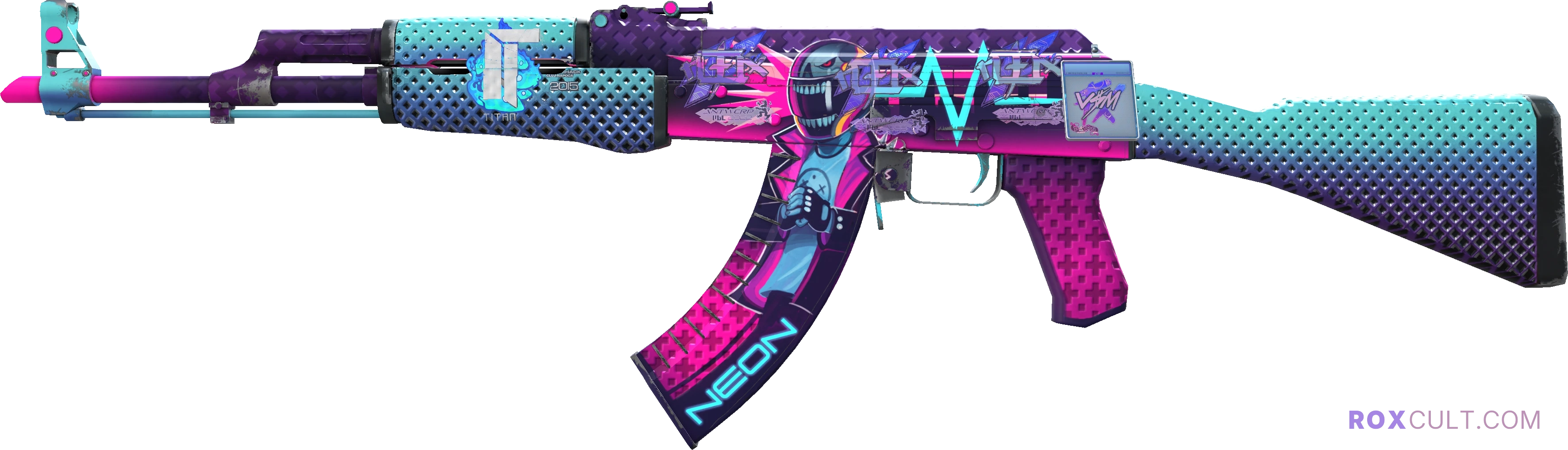 AK-47 | Neon Rider (Minimal Wear) — rox (Holo) Antwerp 2022 craft, playside view with 3 rox (Holo) stickers