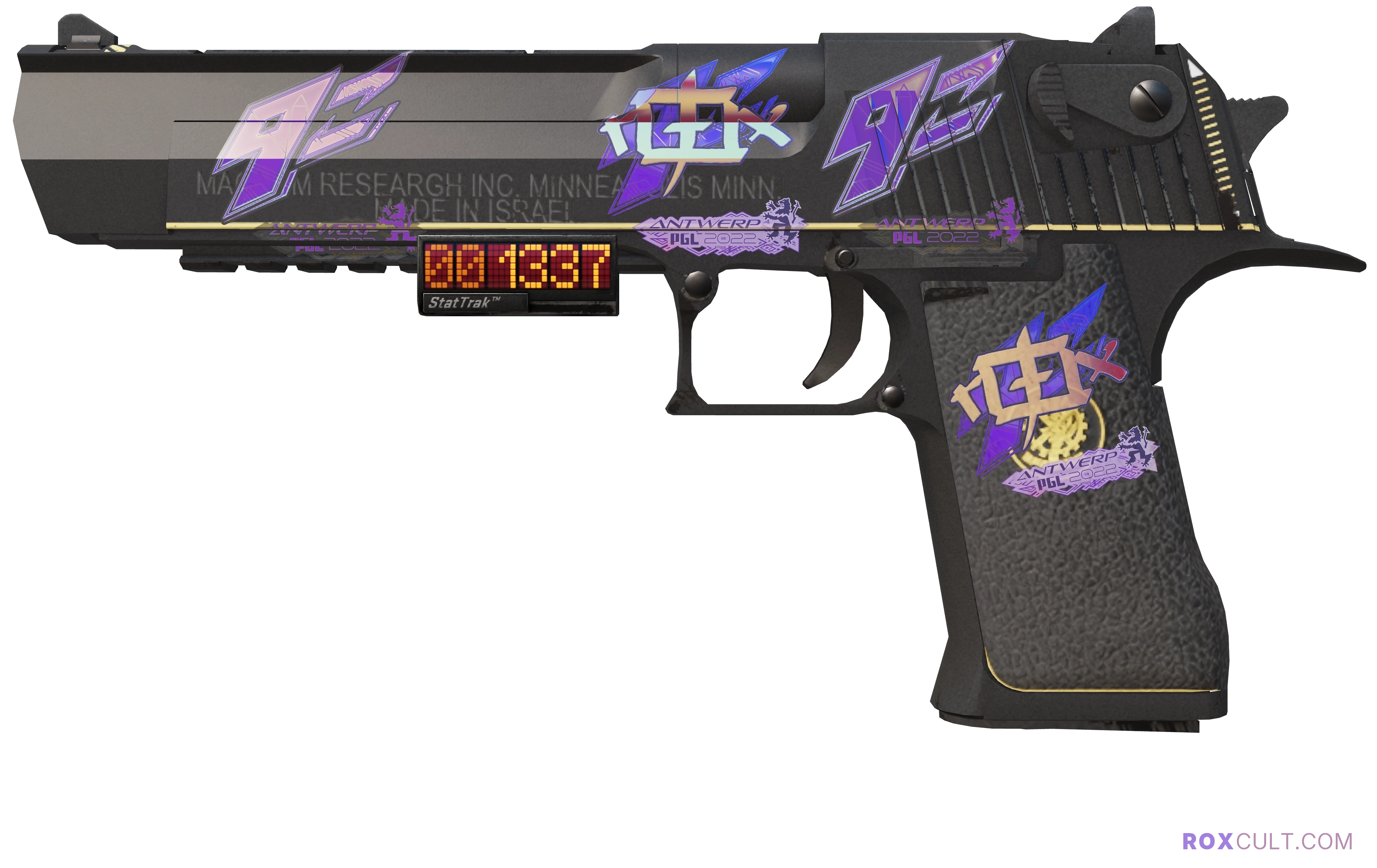 StatTrak™ Desert Eagle | Conspiracy (Factory New) — rox (Holo) Antwerp 2022 craft, playside view with 2 rox (Holo) stickers