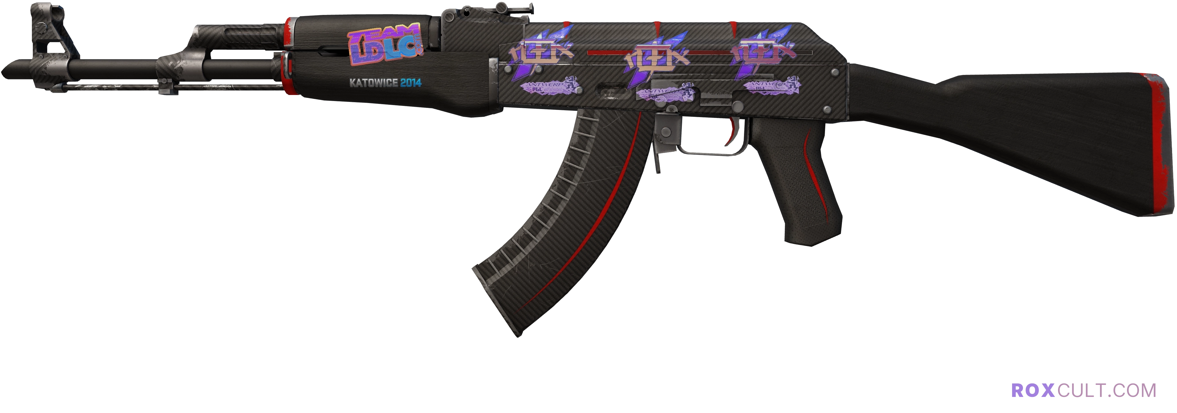 AK-47 | Redline (Field-Tested) — rox (Holo) Antwerp 2022 craft, playside view with 3 rox (Holo) stickers