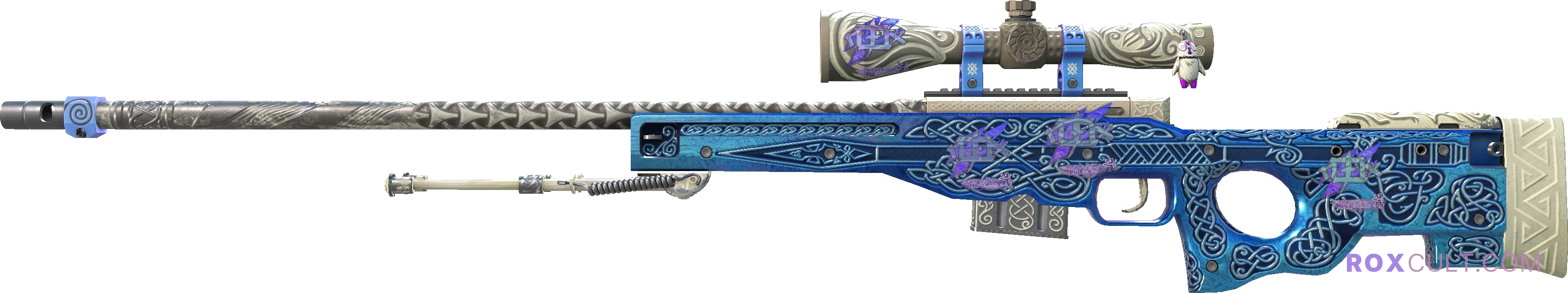AWP | Gungnir (Field-Tested) — rox (Holo) Antwerp 2022 craft, playside view with 4 rox (Holo) stickers