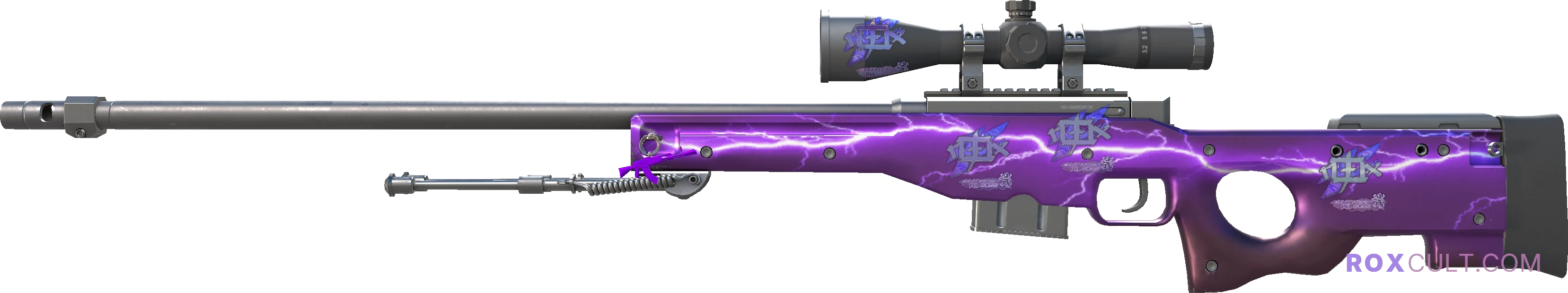 AWP | Lightning Strike (Factory New) — rox (Holo) Antwerp 2022 craft, playside view with 4 rox (Holo) stickers
