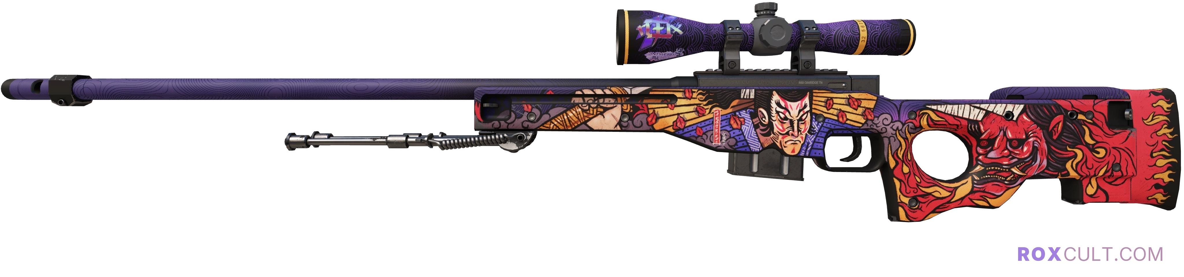 AWP | Oni Taiji (Factory New) — rox (Holo) Antwerp 2022 craft, playside view with 1 rox (Holo) sticker