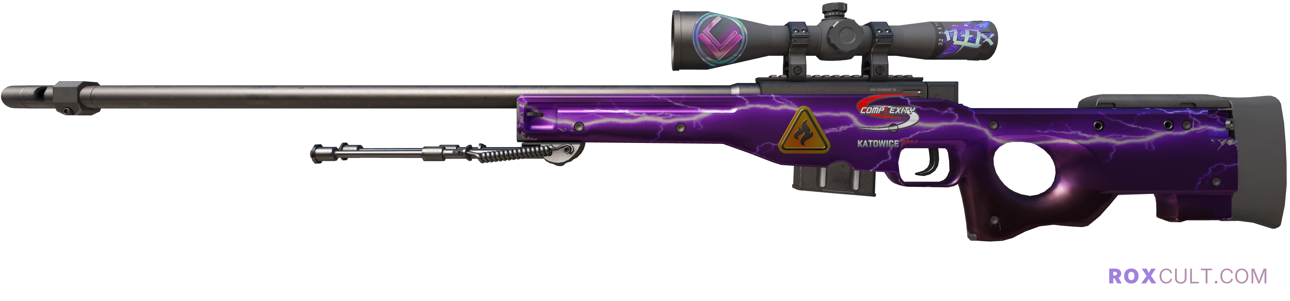AWP | Lightning Strike (Factory New) — rox (Holo) Antwerp 2022 craft, playside view with 1 rox (Holo) sticker