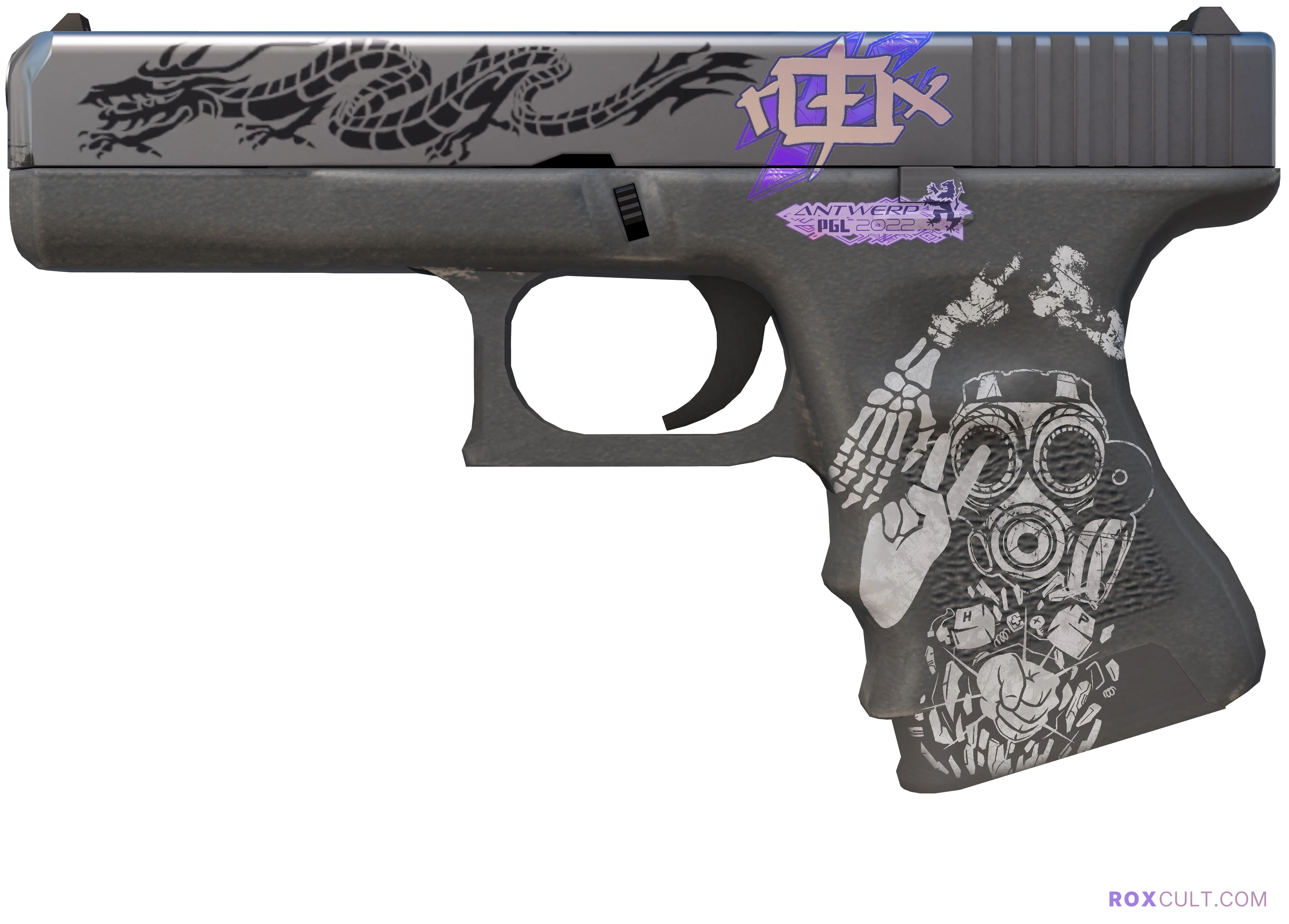 Glock-18 | Dragon Tattoo (Factory New) — rox (Holo) Antwerp 2022 craft, playside view with 1 rox (Holo) sticker