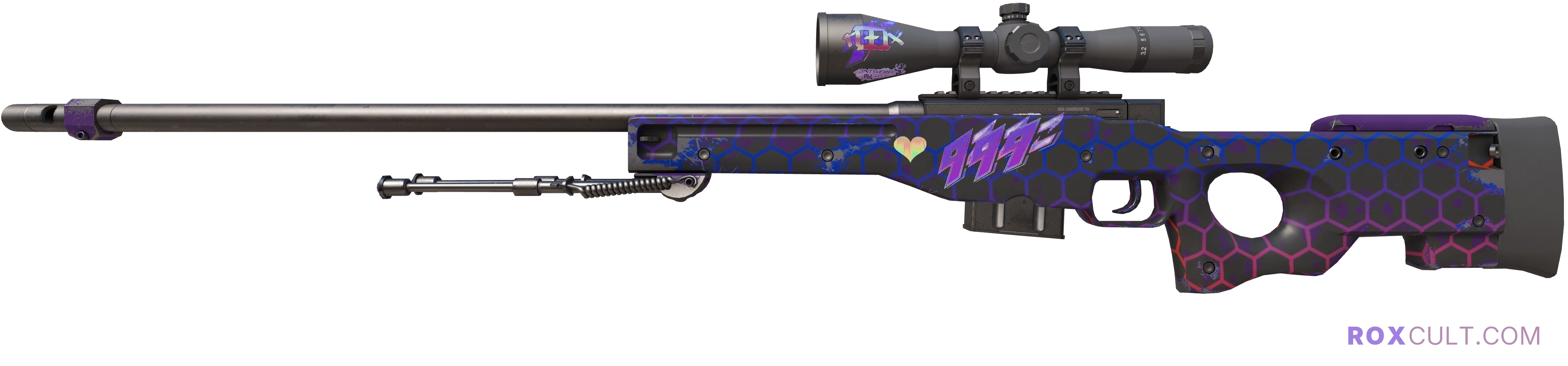AWP | Electric Hive (Minimal Wear) — rox (Holo) Antwerp 2022 craft, playside view with 1 rox (Holo) sticker