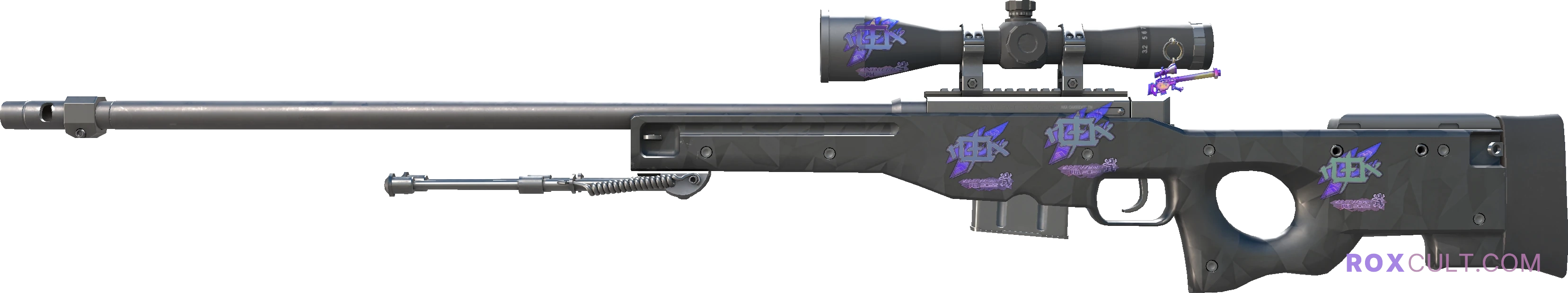 AWP | Graphite (Factory New) — rox (Holo) Antwerp 2022 craft, playside view with 4 rox (Holo) stickers