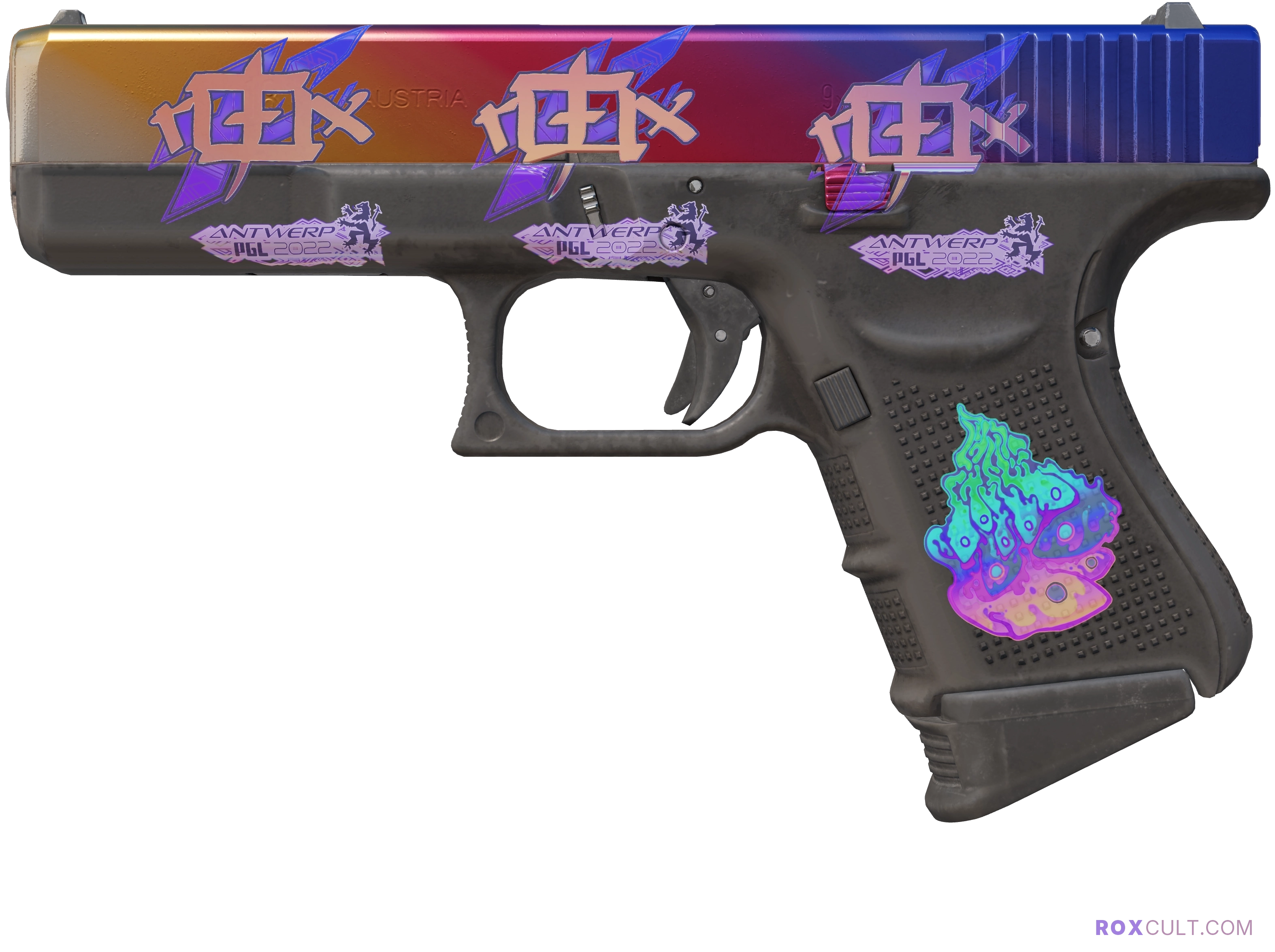 Glock-18 | Fade (Factory New) — rox (Holo) Antwerp 2022 craft, playside view with 3 rox (Holo) stickers