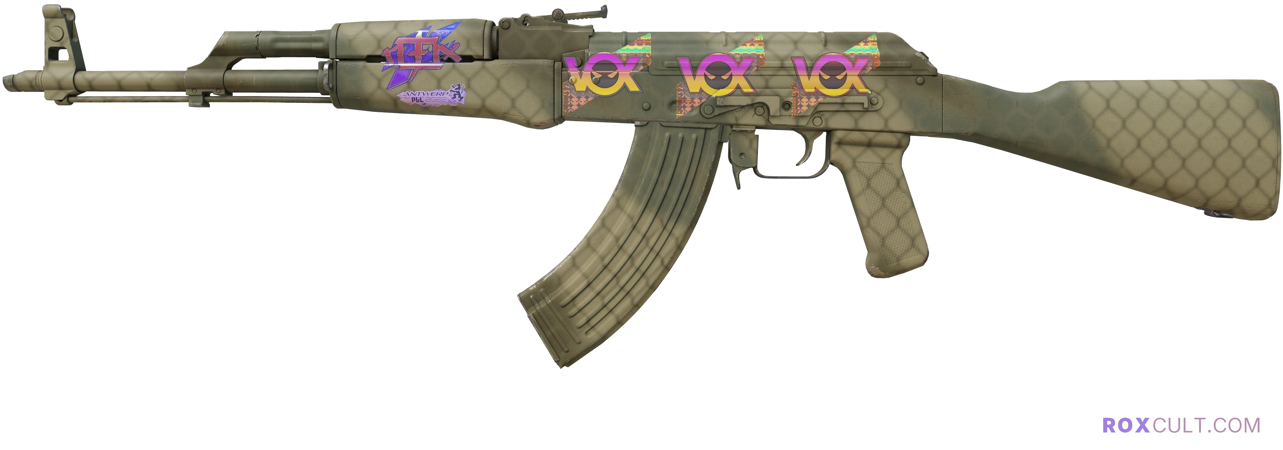 AK-47 | Safari Mesh (Factory New) — rox (Holo) Antwerp 2022 craft, playside view with 1 rox (Holo) sticker