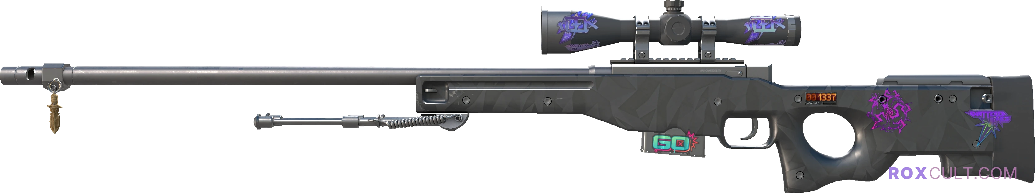 StatTrak™ AWP | Graphite (Factory New) — rox (Holo) Antwerp 2022 craft, playside view with 2 rox (Holo) stickers