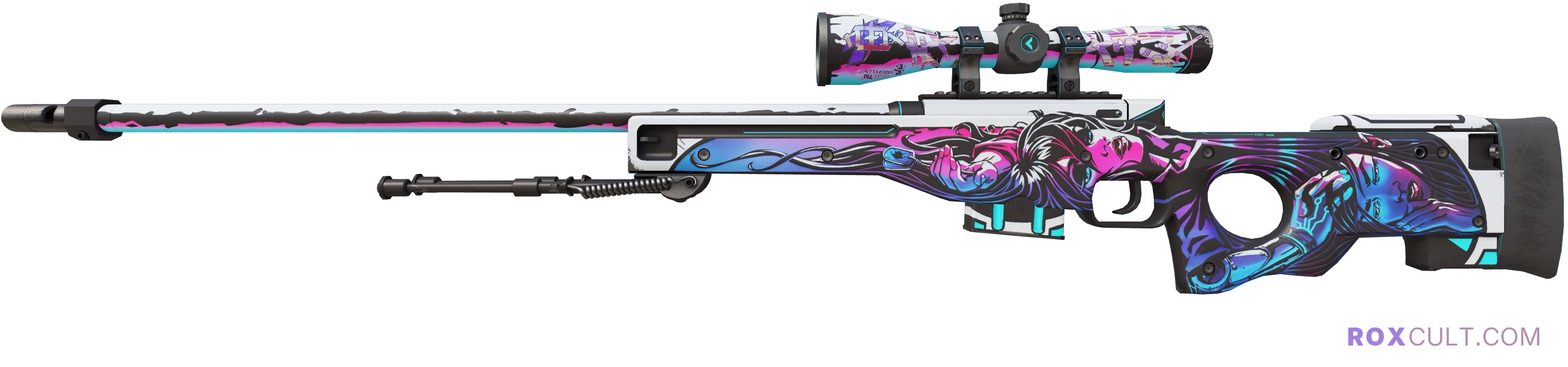 AWP | Neo-Noir (Minimal Wear) — rox (Holo) Antwerp 2022 craft, playside view with 1 rox (Holo) sticker