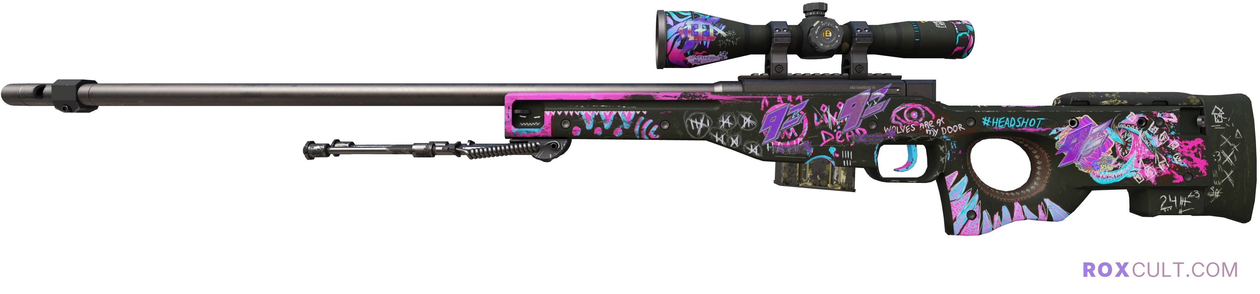 AWP | Fever Dream (Factory New) — rox (Holo) Antwerp 2022 craft, playside view with 1 rox (Holo) sticker