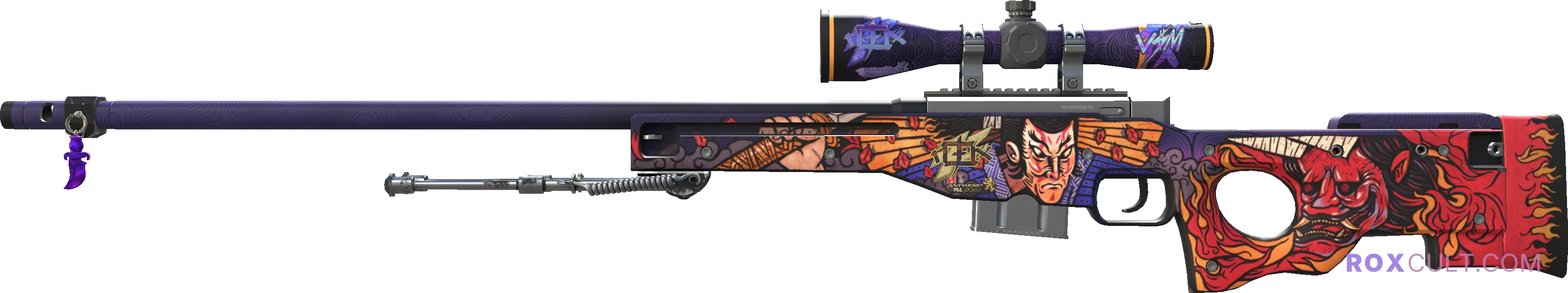 AWP | Oni Taiji (Factory New) — rox (Holo) Antwerp 2022 craft, playside view with 1 rox (Holo) sticker