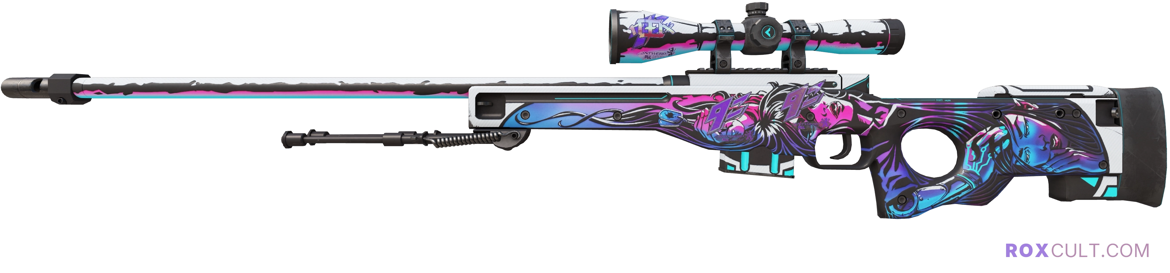 AWP | Neo-Noir (Minimal Wear) — rox (Holo) Antwerp 2022 craft, playside view with 1 rox (Holo) sticker
