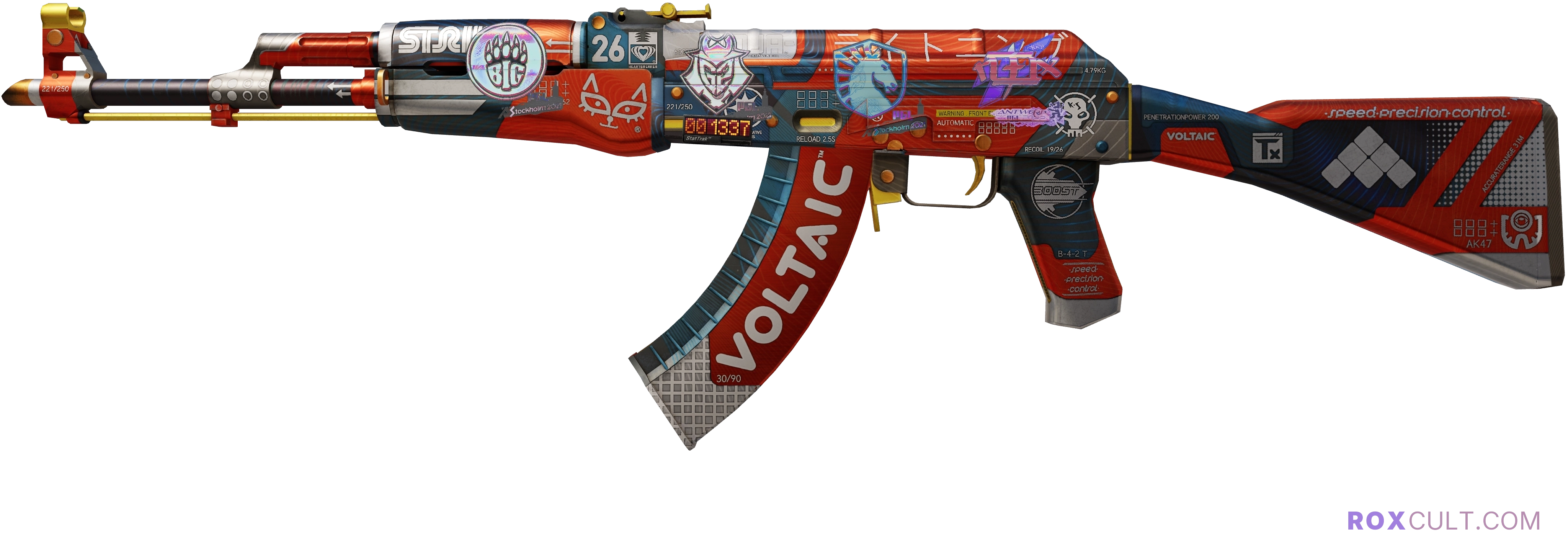 StatTrak™ AK-47 | Bloodsport (Minimal Wear) — rox (Holo) Antwerp 2022 craft, playside view with 1 rox (Holo) sticker