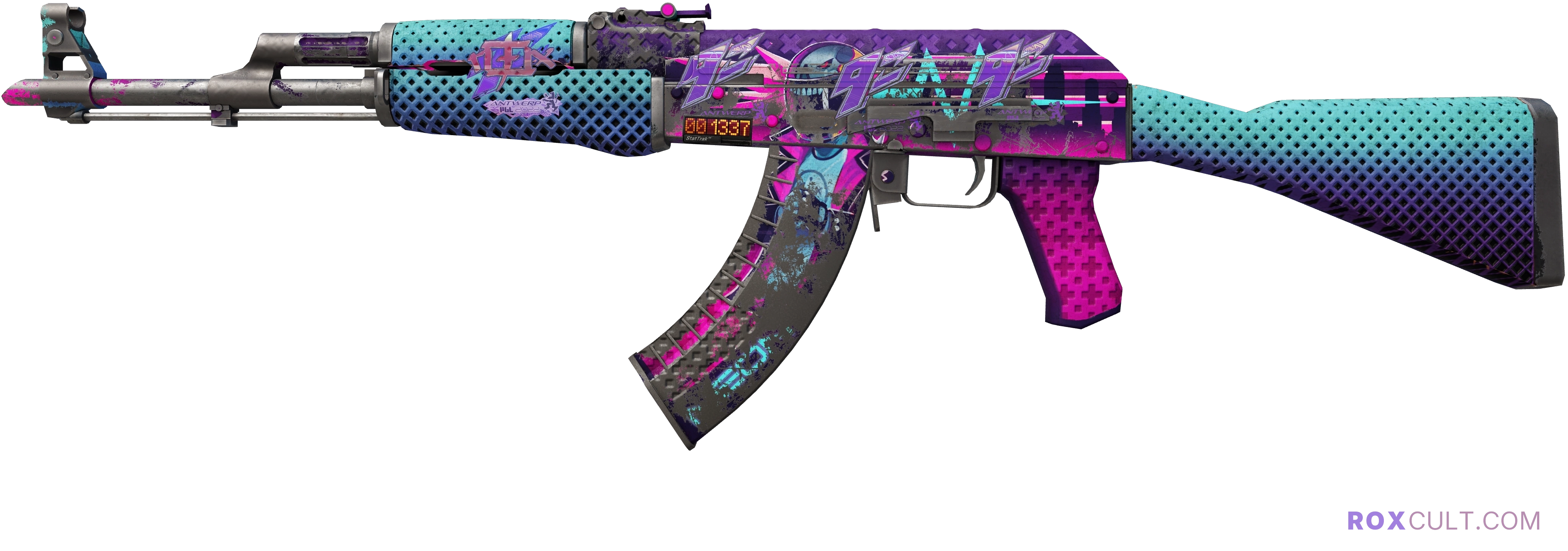 StatTrak™ AK-47 | Neon Rider (Battle-Scarred) — rox (Holo) Antwerp 2022 craft, playside view with 1 rox (Holo) sticker