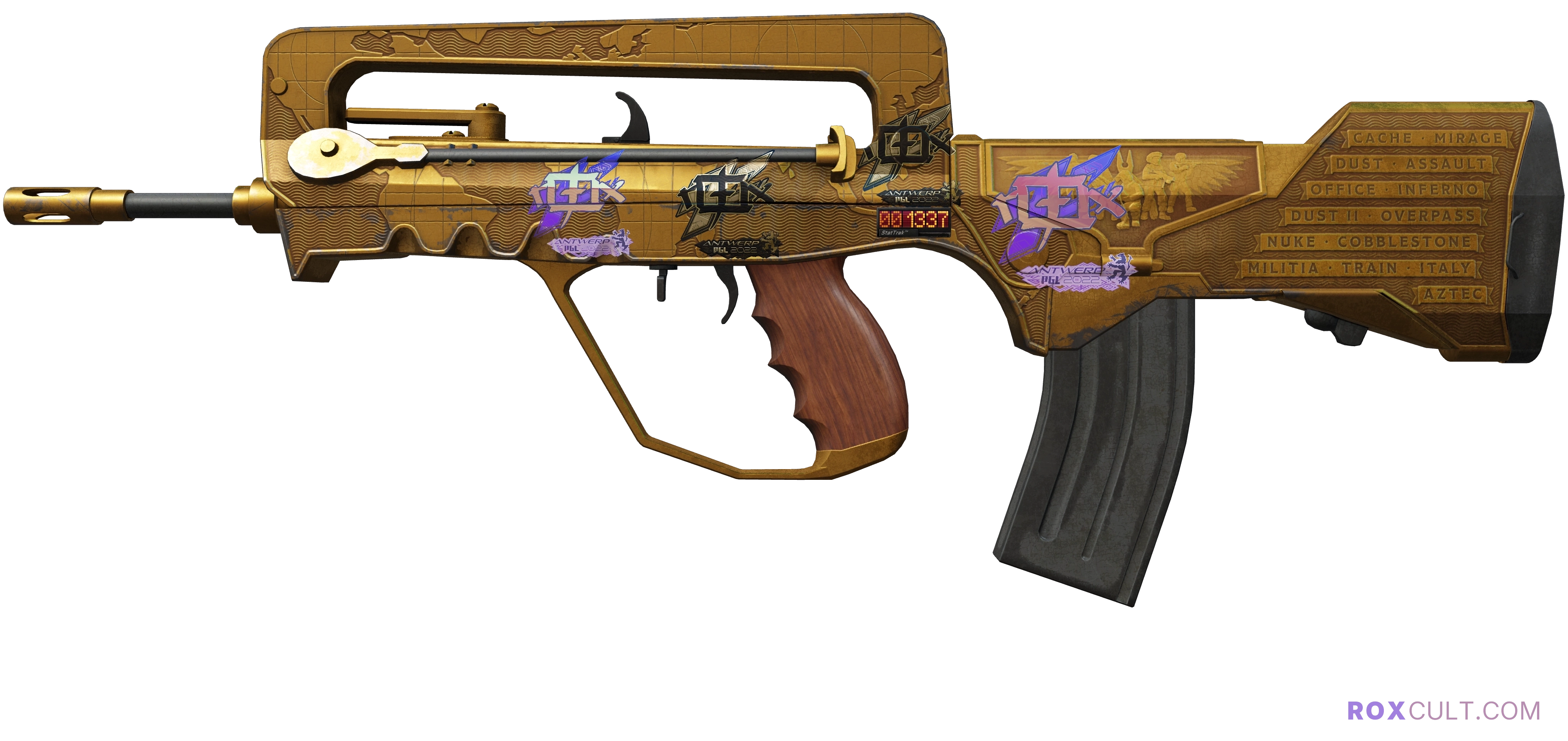 StatTrak™ FAMAS | Commemoration (Battle-Scarred) — rox (Holo) Antwerp 2022 craft, playside view with 2 rox (Holo) stickers