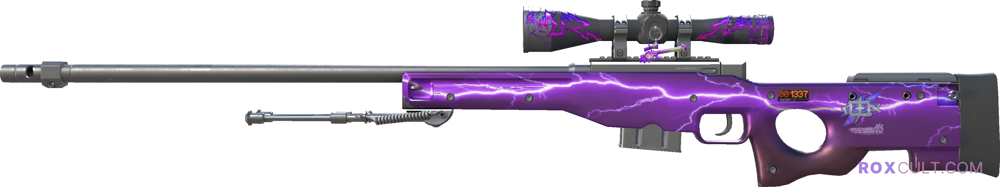 StatTrak™ AWP | Lightning Strike (Factory New) — rox (Holo) Antwerp 2022 craft, playside view with 1 rox (Holo) sticker