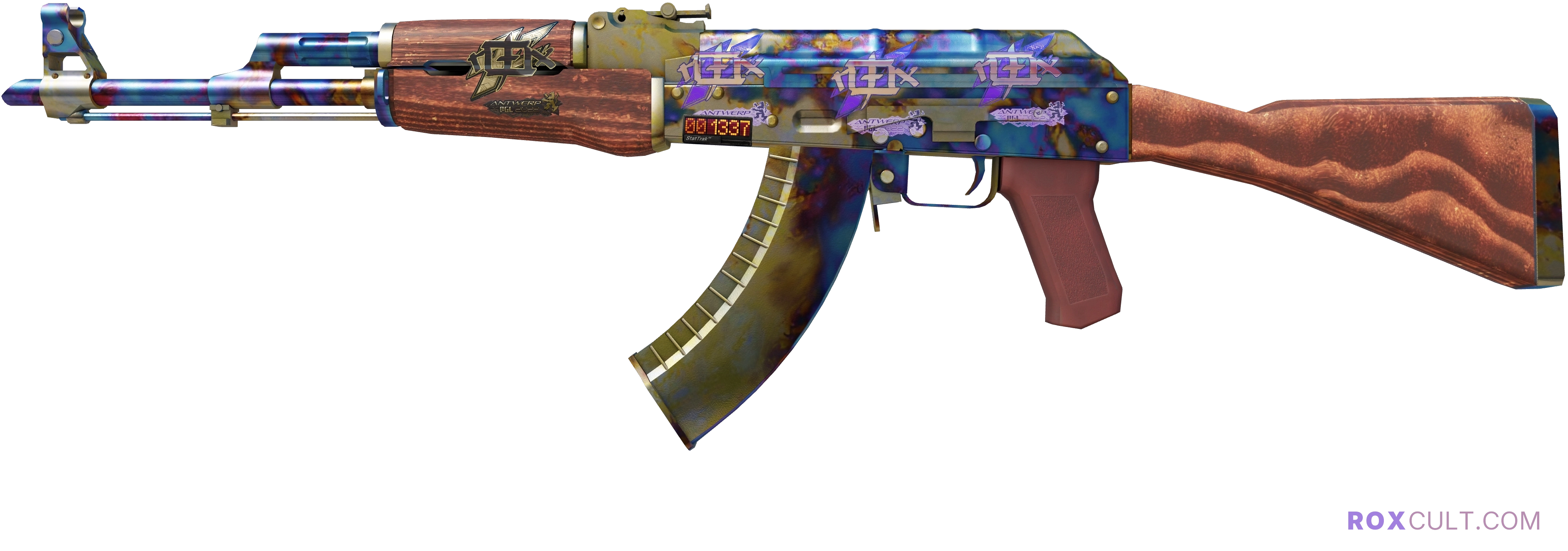 StatTrak™ AK-47 | Case Hardened (Factory New) — rox (Holo) Antwerp 2022 craft, playside view with 3 rox (Holo) stickers