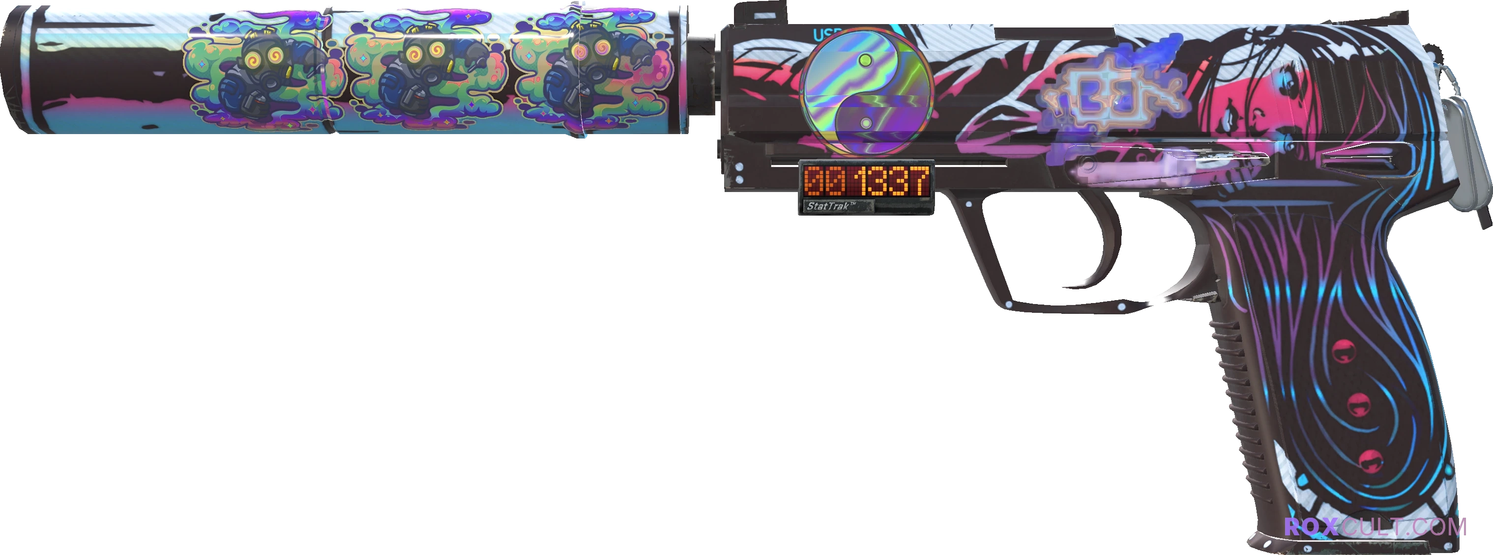 StatTrak™ USP-S | Neo-Noir (Minimal Wear) — rox (Holo) Antwerp 2022 craft, playside view with 1 rox (Holo) sticker