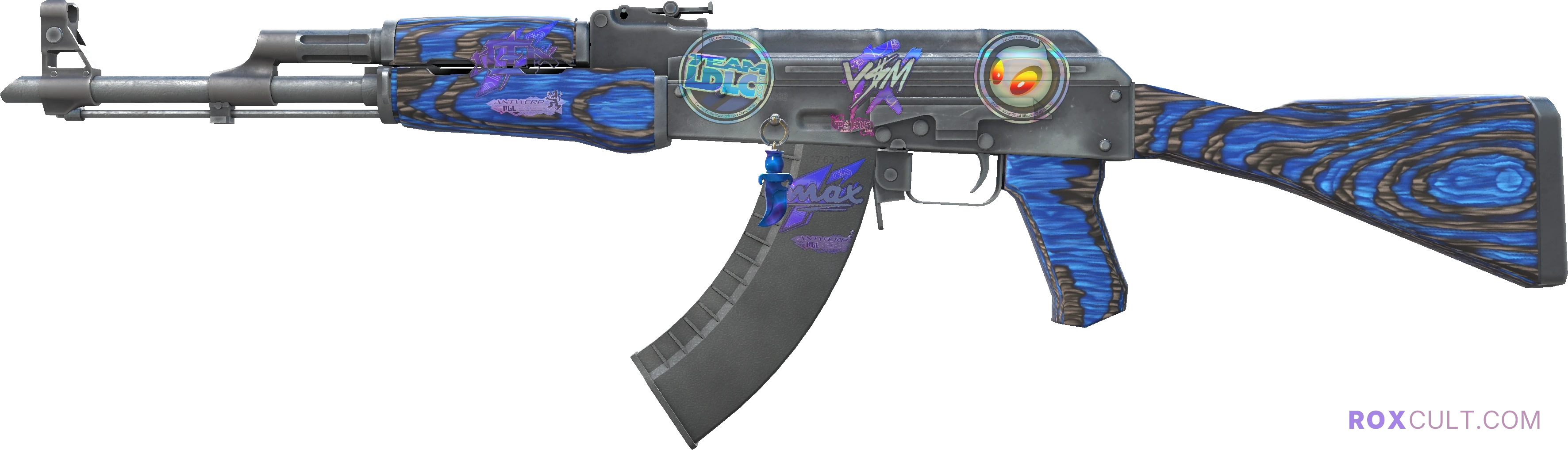 AK-47 | Blue Laminate (Factory New) — rox (Holo) Antwerp 2022 craft, playside view with 1 rox (Holo) sticker