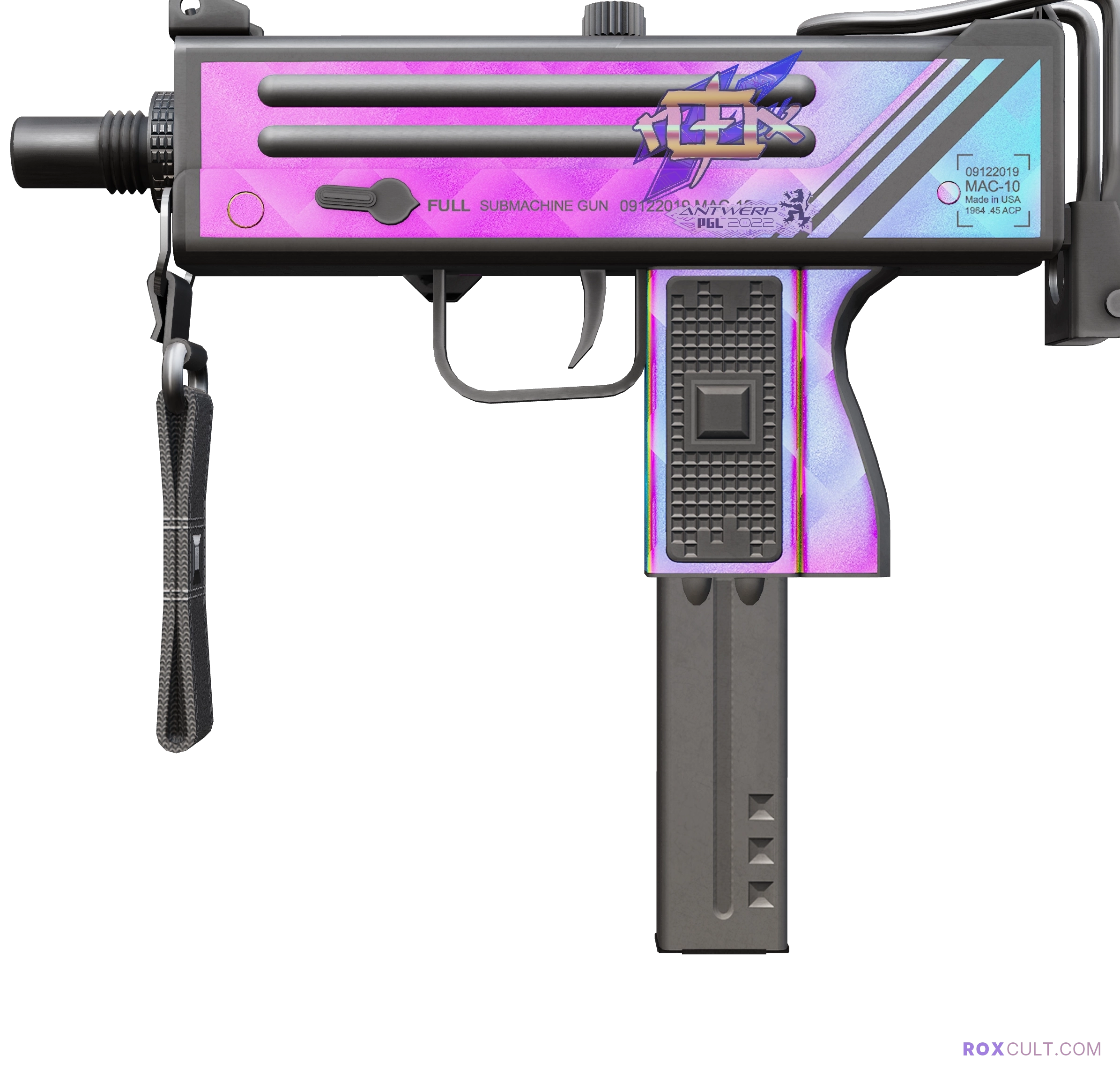 MAC-10 | Disco Tech (Factory New) — rox (Holo) Antwerp 2022 craft, playside view with 1 rox (Holo) sticker