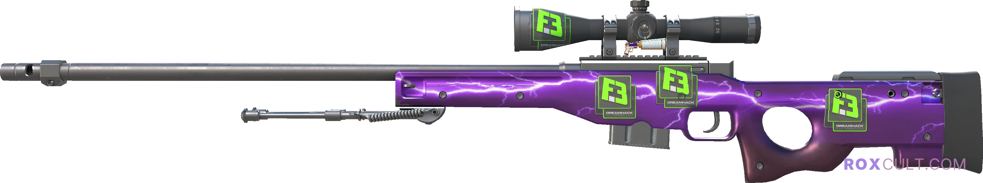 AWP | Lightning Strike (Factory New) — rox (Holo) Antwerp 2022 craft, playside view with 1 rox (Holo) sticker
