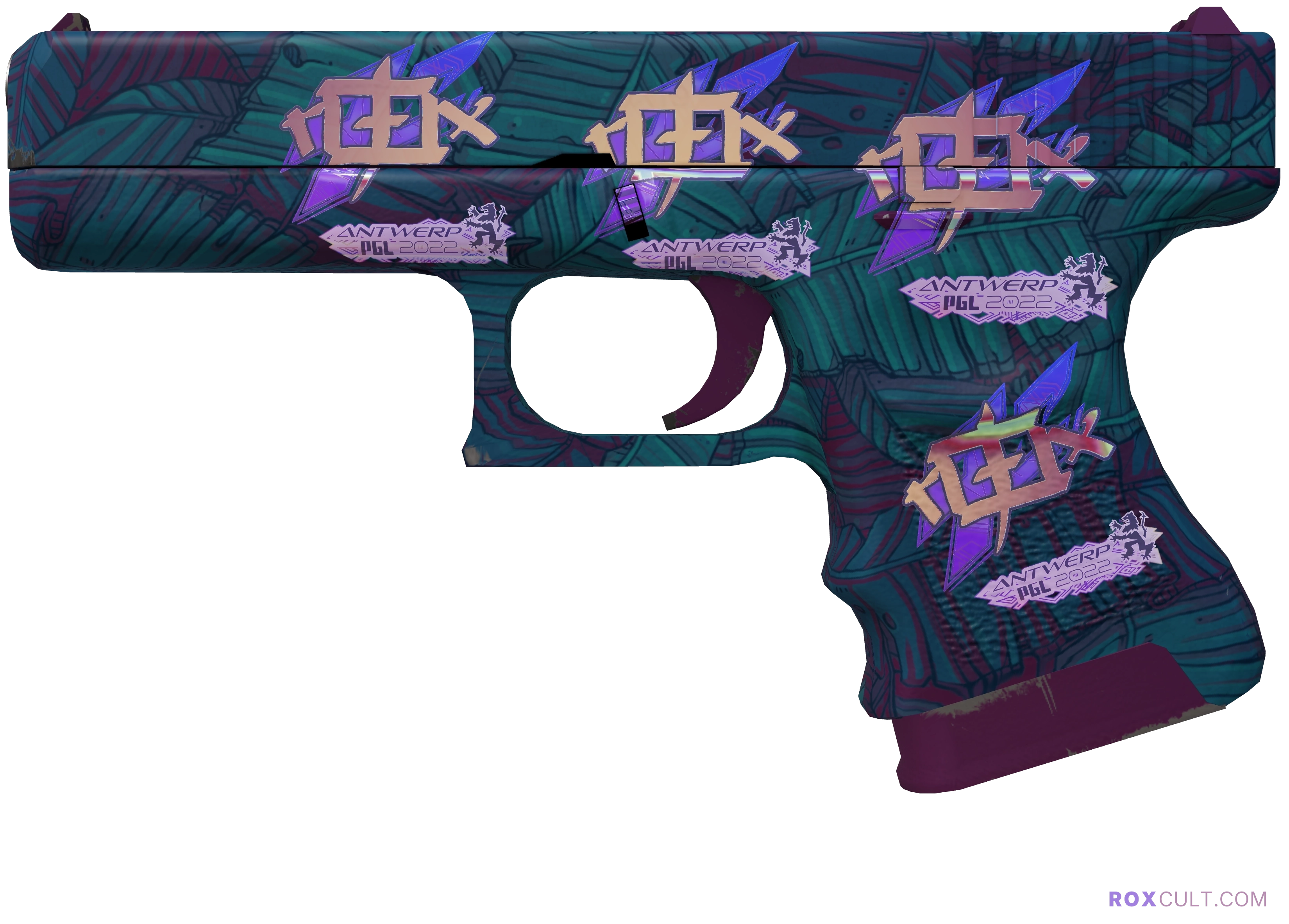 Glock-18 | Synth Leaf (Factory New) — rox (Holo) Antwerp 2022 craft, playside view with 4 rox (Holo) stickers