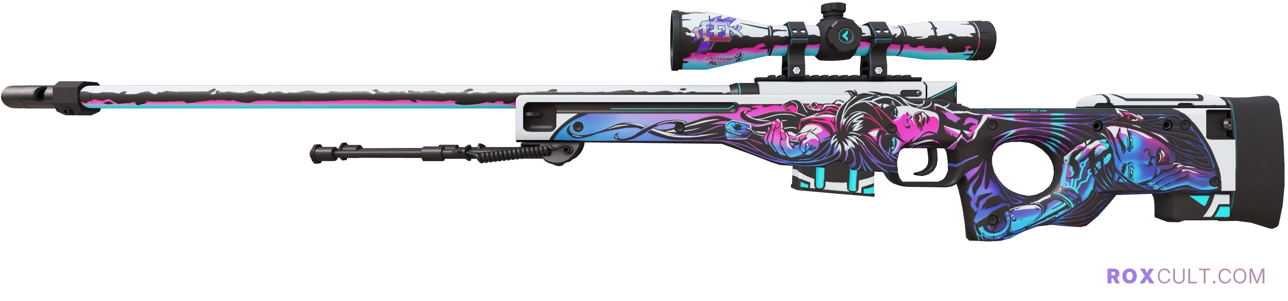 AWP | Neo-Noir (Factory New) — rox (Holo) Antwerp 2022 craft, playside view with 1 rox (Holo) sticker