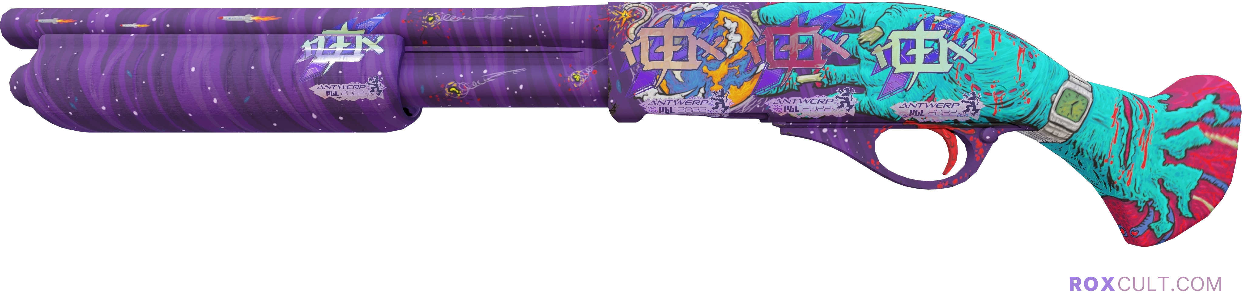 Sawed-Off | Apocalypto (Factory New) — rox (Holo) Antwerp 2022 craft, playside view with 4 rox (Holo) stickers