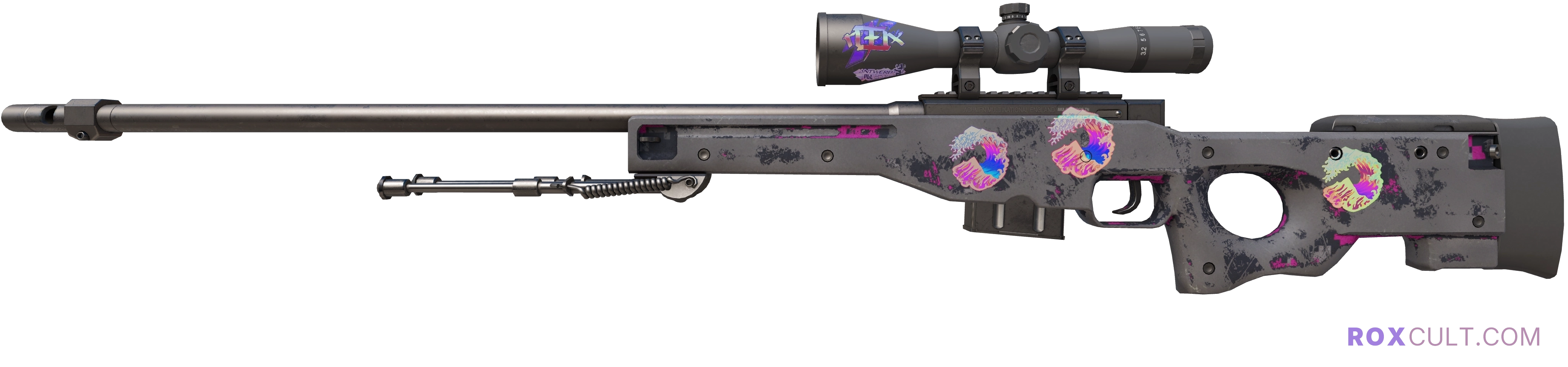 AWP | Pink DDPAT (Battle-Scarred) — rox (Holo) Antwerp 2022 craft, playside view with 1 rox (Holo) sticker