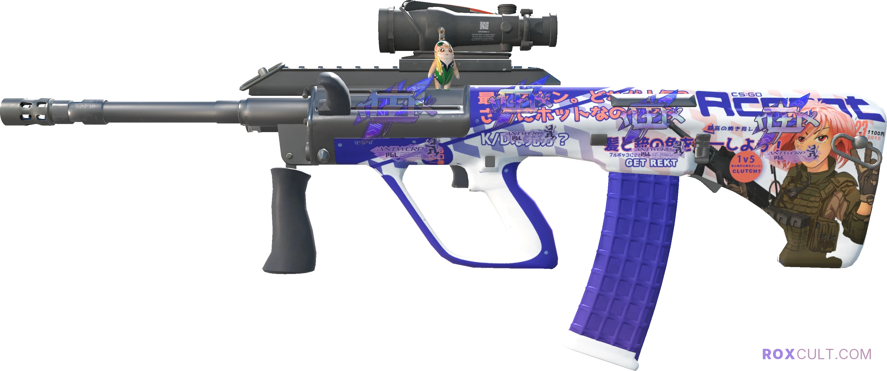 AUG | Akihabara Accept (Factory New) — rox (Holo) Antwerp 2022 craft, playside view with 4 rox (Holo) stickers
