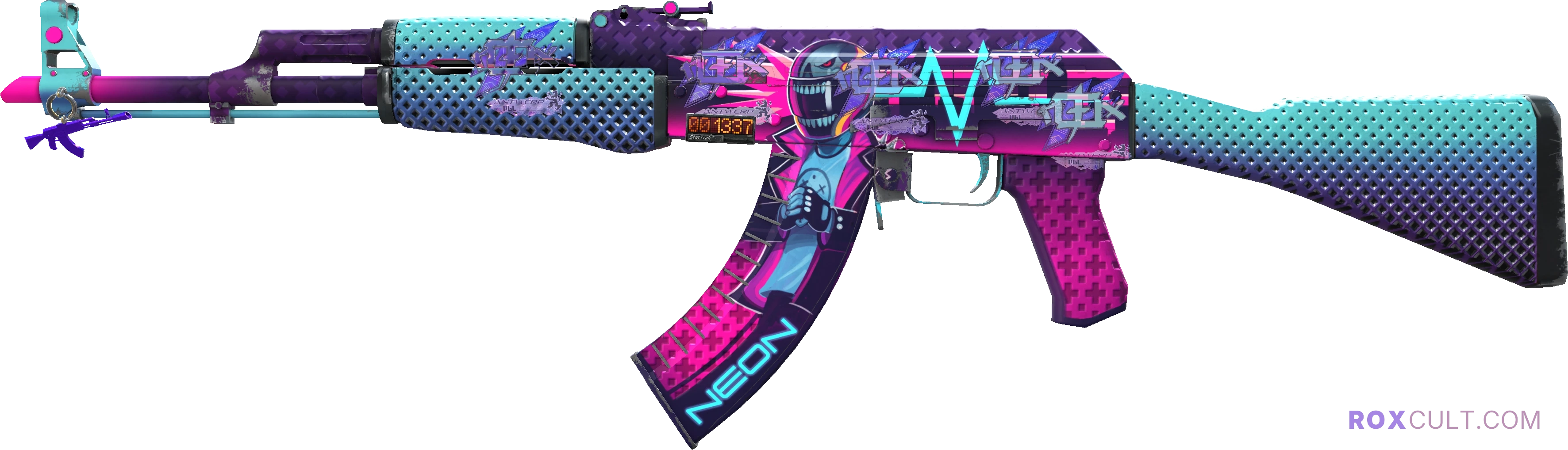 StatTrak™ AK-47 | Neon Rider (Minimal Wear) — rox (Holo) Antwerp 2022 craft, playside view with 5 rox (Holo) stickers