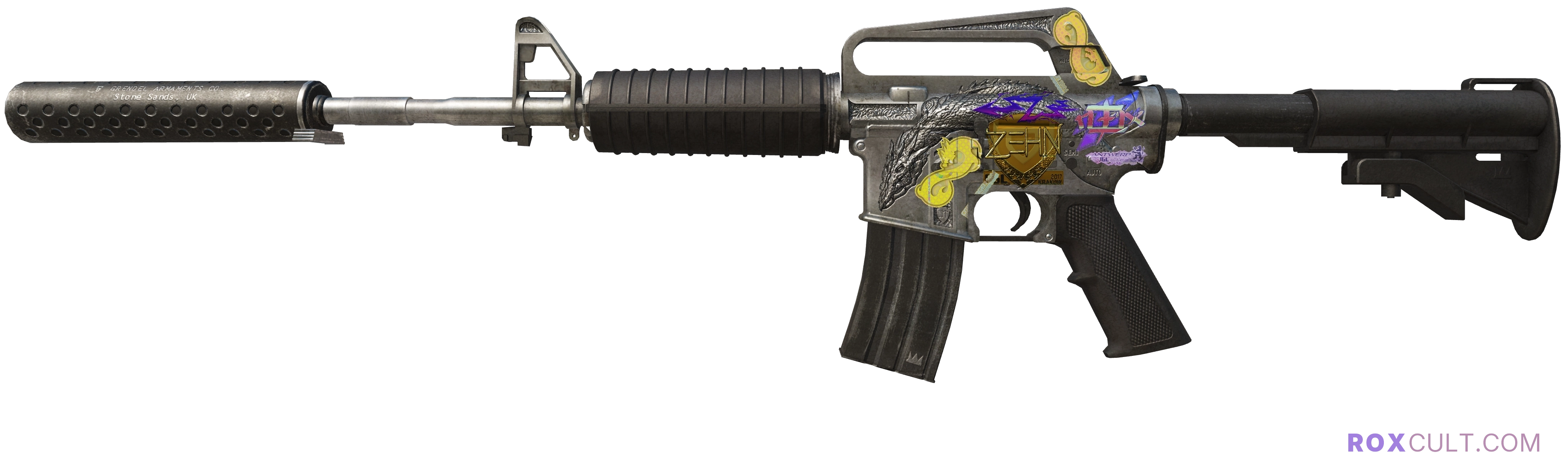 M4A1-S | Basilisk (Field-Tested) — rox (Holo) Antwerp 2022 craft, playside view with 1 rox (Holo) sticker
