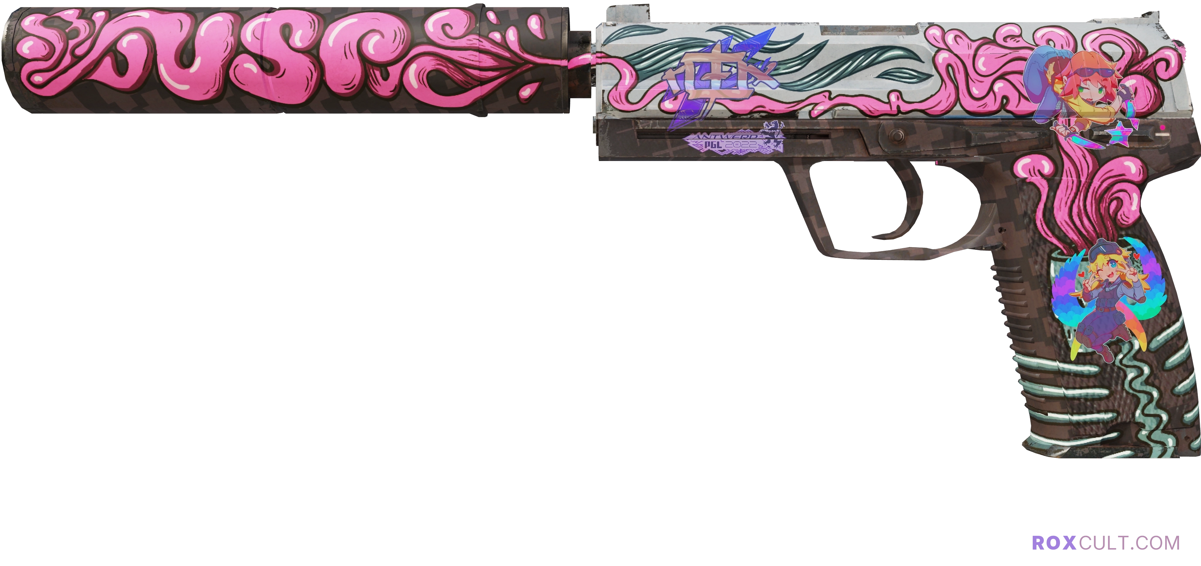 USP-S | Cortex (Field-Tested) — rox (Holo) Antwerp 2022 craft, playside view with 1 rox (Holo) sticker