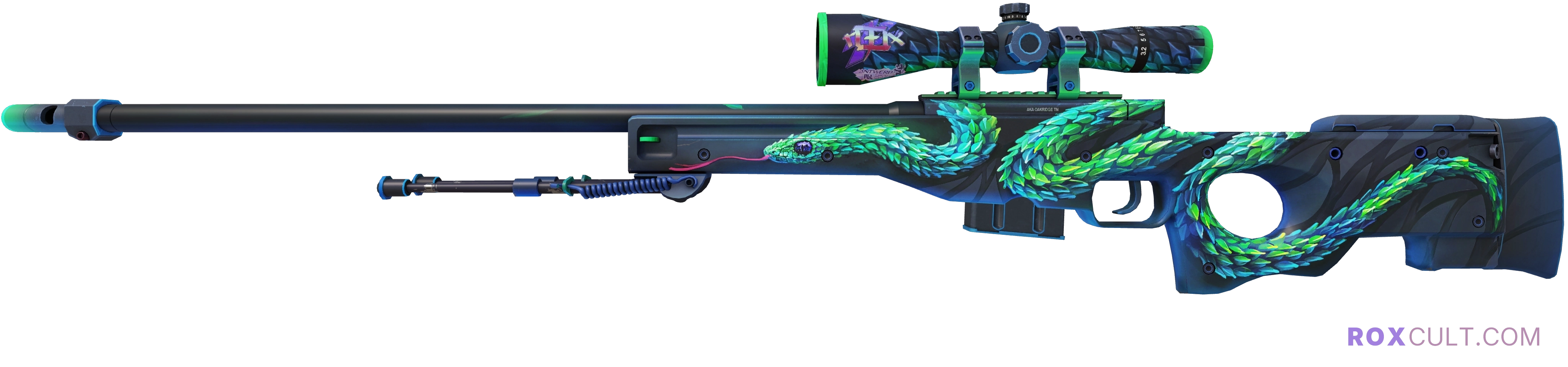 AWP | Atheris (Factory New) — rox (Holo) Antwerp 2022 craft, playside view with 1 rox (Holo) sticker