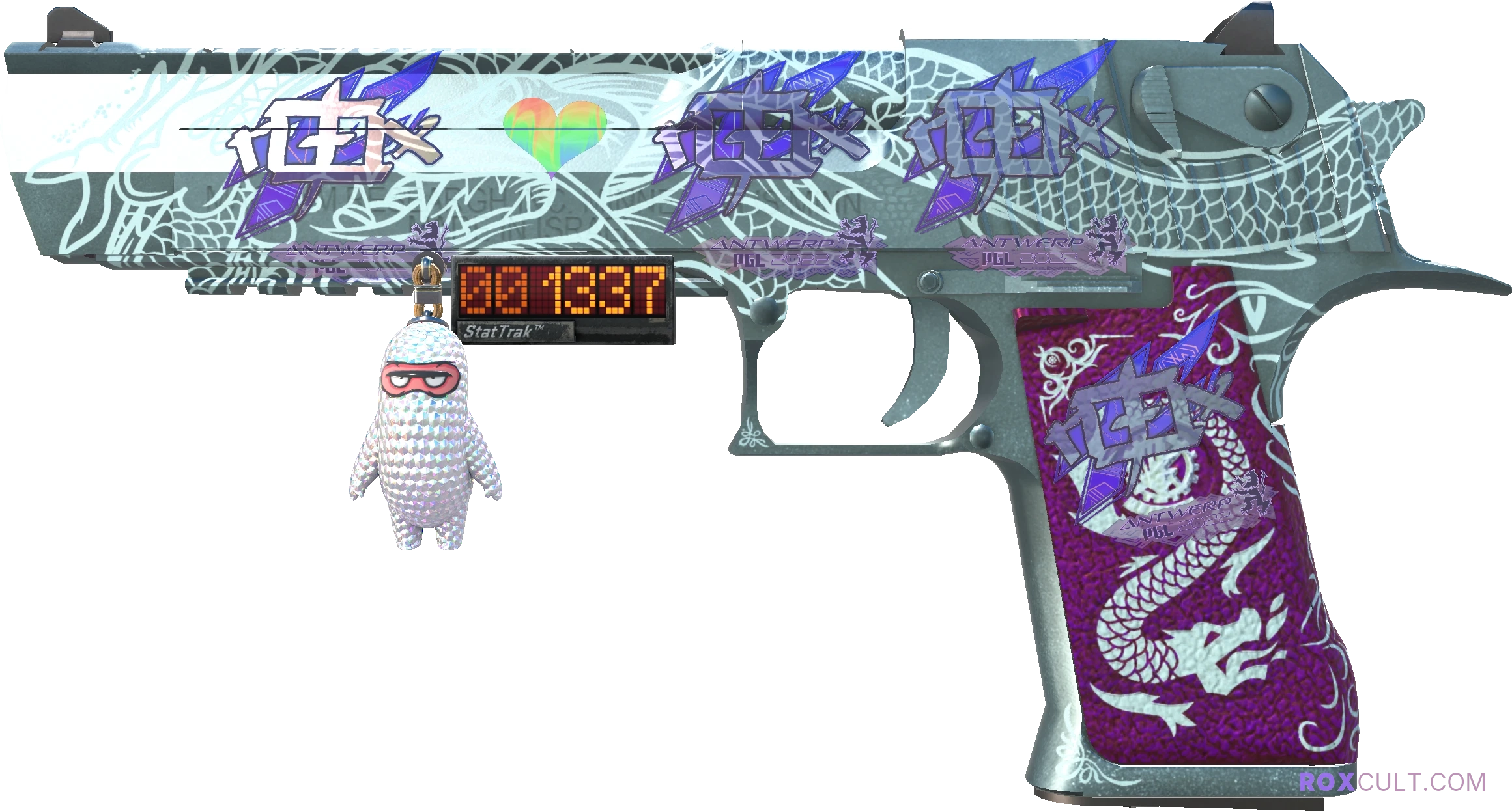 StatTrak™ Desert Eagle | Kumicho Dragon (Factory New) — rox (Holo) Antwerp 2022 craft, playside view with 4 rox (Holo) stickers
