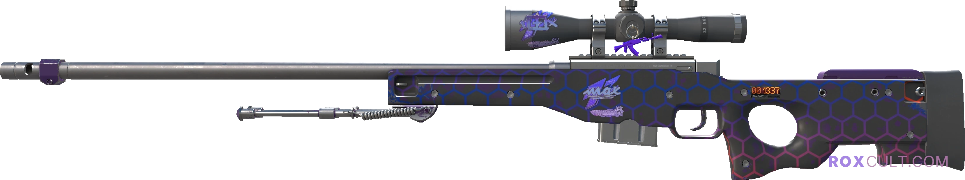 StatTrak™ AWP | Electric Hive (Factory New) — rox (Holo) Antwerp 2022 craft, playside view with 1 rox (Holo) sticker