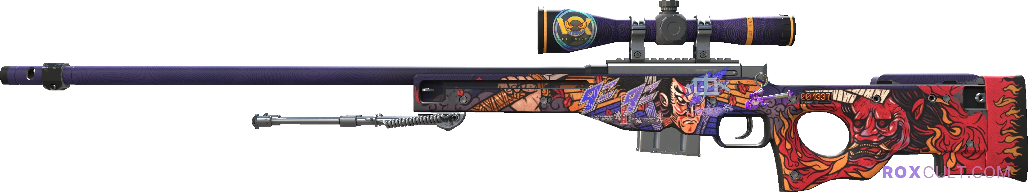 StatTrak™ AWP | Oni Taiji (Minimal Wear) — rox (Holo) Antwerp 2022 craft, playside view with 1 rox (Holo) sticker