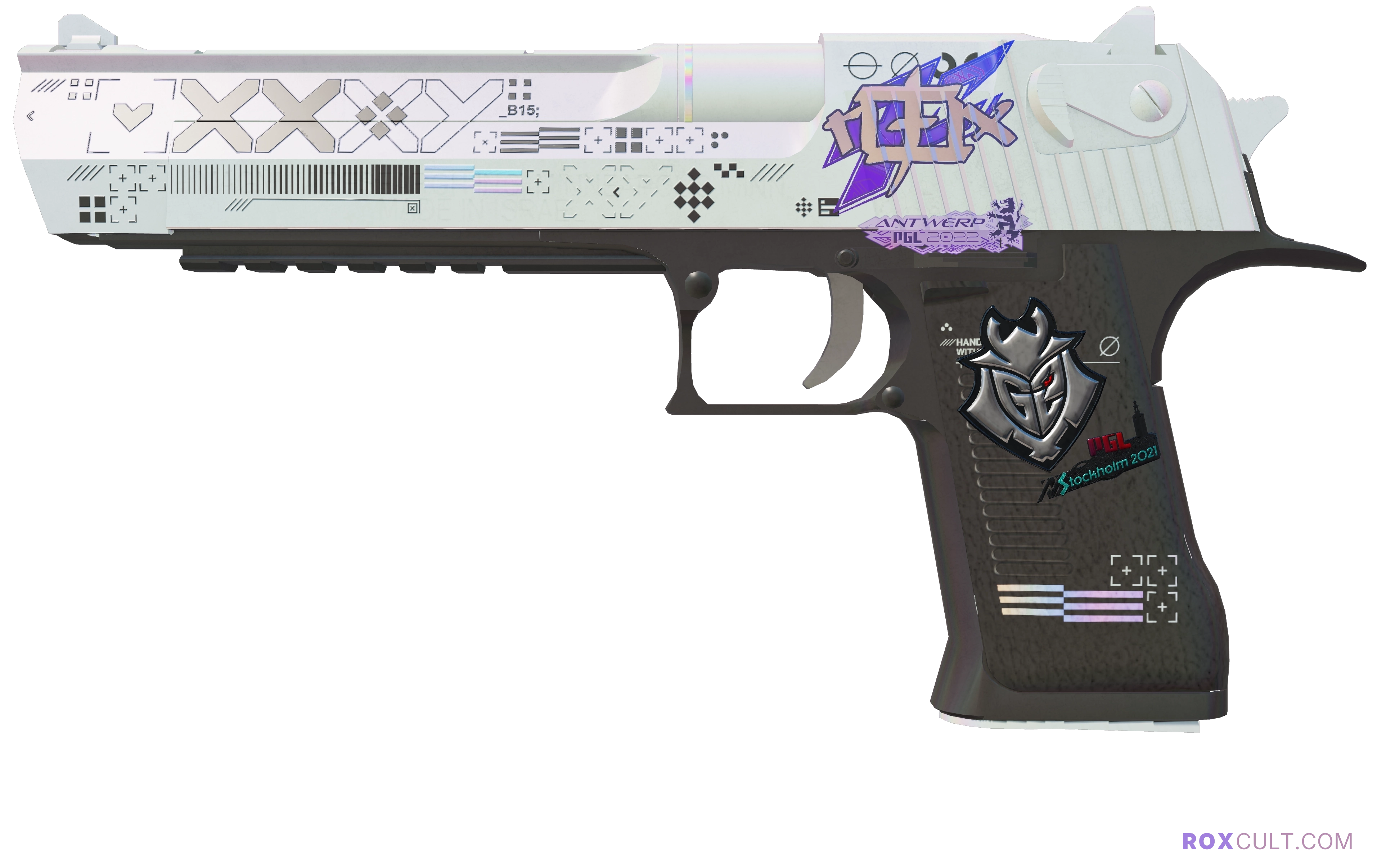 Desert Eagle | Printstream (Minimal Wear) — rox (Holo) Antwerp 2022 craft, playside view with 1 rox (Holo) sticker