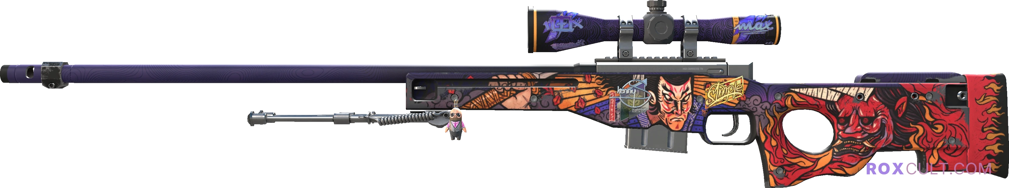 AWP | Oni Taiji (Field-Tested) — rox (Holo) Antwerp 2022 craft, playside view with 1 rox (Holo) sticker