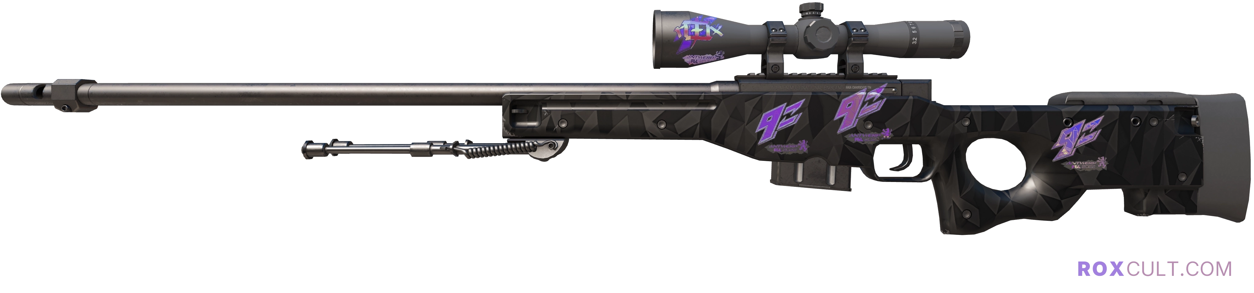 AWP | Graphite (Factory New) — rox (Holo) Antwerp 2022 craft, playside view with 1 rox (Holo) sticker