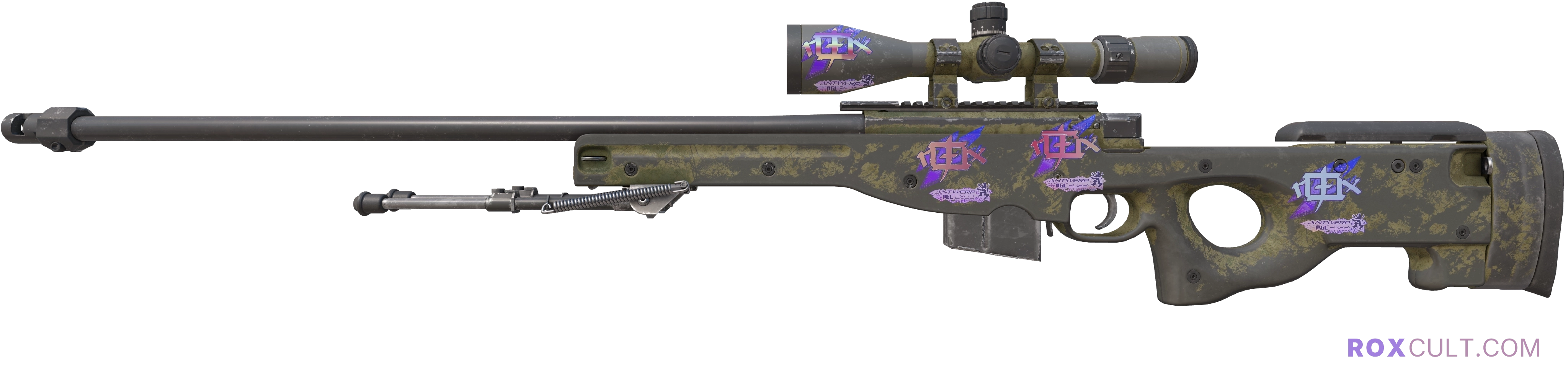 AWP | Safari Mesh (Battle-Scarred) — rox (Holo) Antwerp 2022 craft, playside view with 4 rox (Holo) stickers